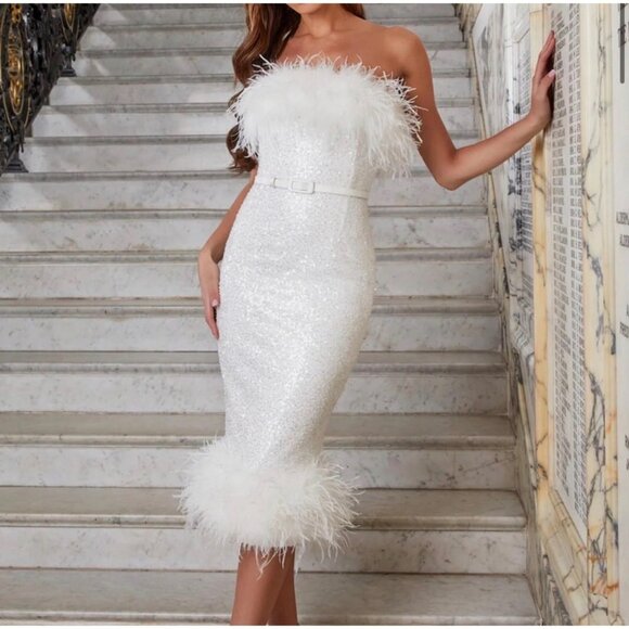 Nadine Merabi White Feather Beaded Sequin - Picture 1 of 9